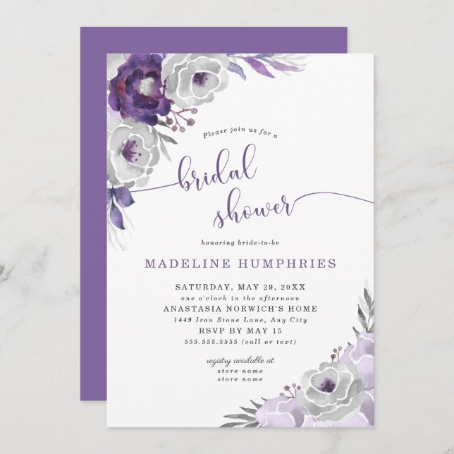 Chic Purple Silver Watercolor Floral Bridal Shower Invitation (Front/Back)