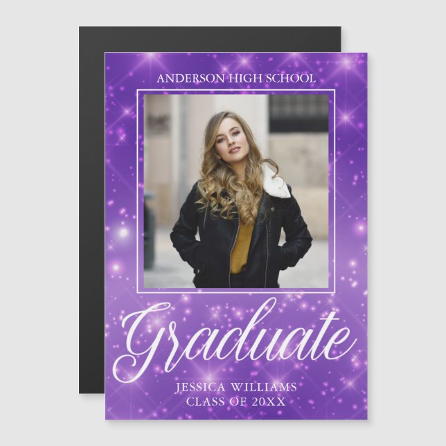 Chic Purple Sparkle Graduation Photo Magnet Card (Front/Back)