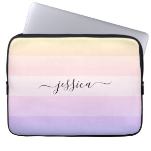 Chic purple striped script name laptop sleeve