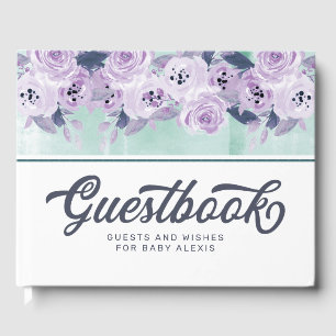 Chic Purple & Teal Floral Border Baby Shower Guest Book