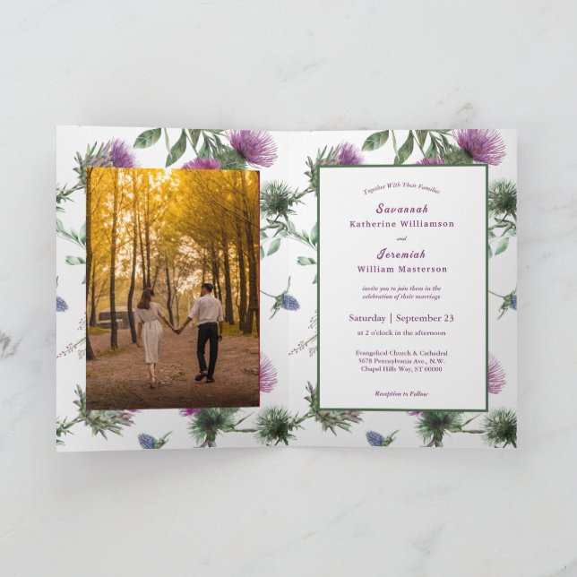 Chic Purple Thistle Customisable Bifold Wedding  Invitation (Inside)