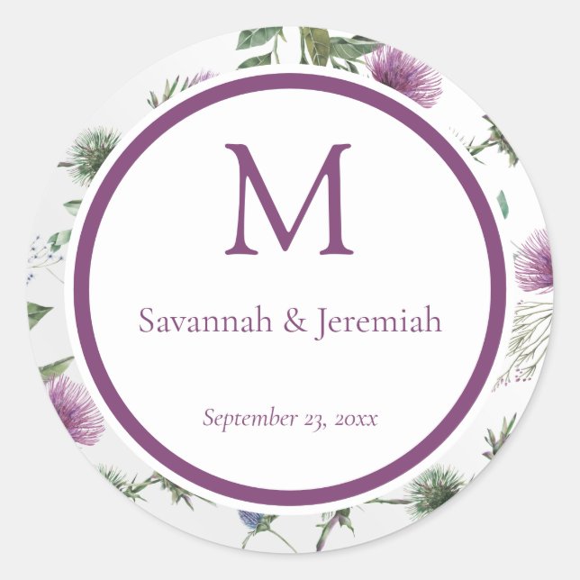 Chic Purple Thistle Floral Customisable Wedding Classic Round Sticker (Front)