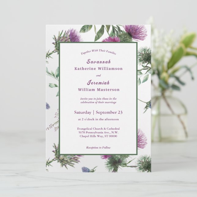 Chic Purple Thistle Floral Customisable Wedding Invitation (Standing Front)