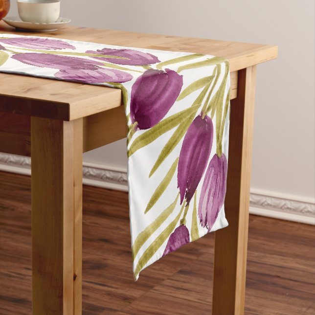 Chic Purple Tulips Watercolor Hand-painted Long Table Runner (In Situ)