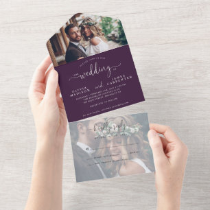 Chic Purple Violet Elegant Script 2 Photo Wedding All In One Invitation
