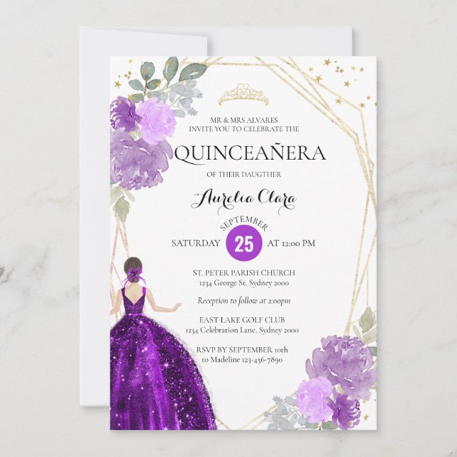 Chic Purple Violet Floral Geometric Quinceañera Invitation (Front)