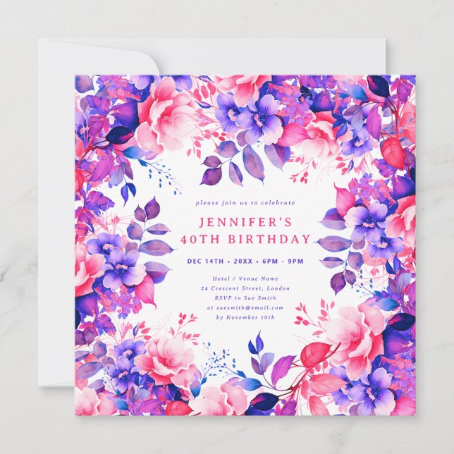 Chic Purple Watercolor Floral 40th Birthday  Invitation (Front)