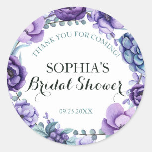 Chic Purple Watercolor Floral Bridal Shower Thanks Classic Round Sticker