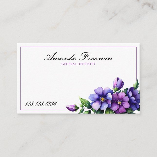 Chic Purple Watercolor Flowers Dentist Business Card (Front)