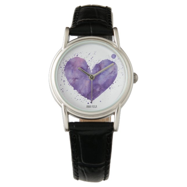 *~* Chic Purple Watercolor Girly Heart  Leather Watch (Front)