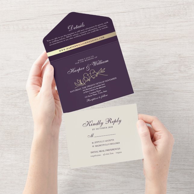 Chic Purple Wedding All In One Invitation (Tearaway)