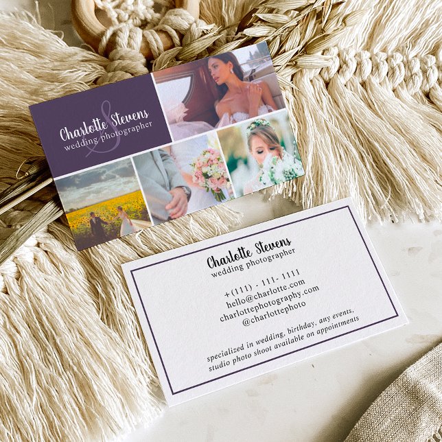 Chic purple wedding photographer collage business card (Creator Uploaded)