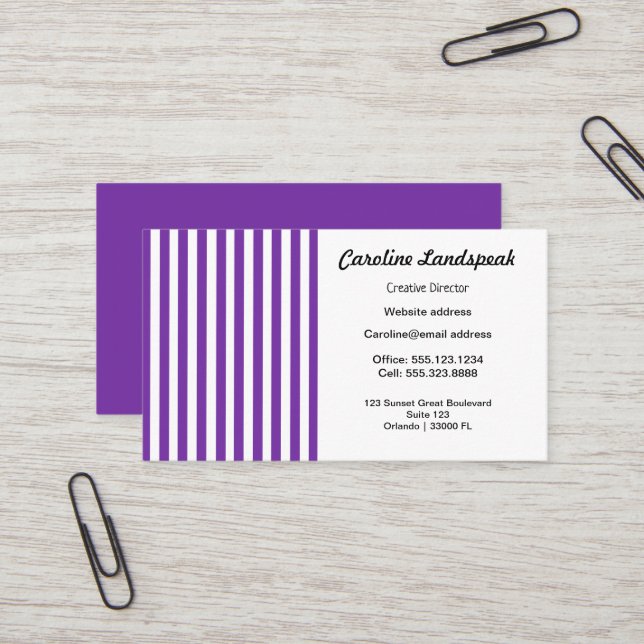 Chic Purple & White Stripes  Business Card (Front/Back In Situ)
