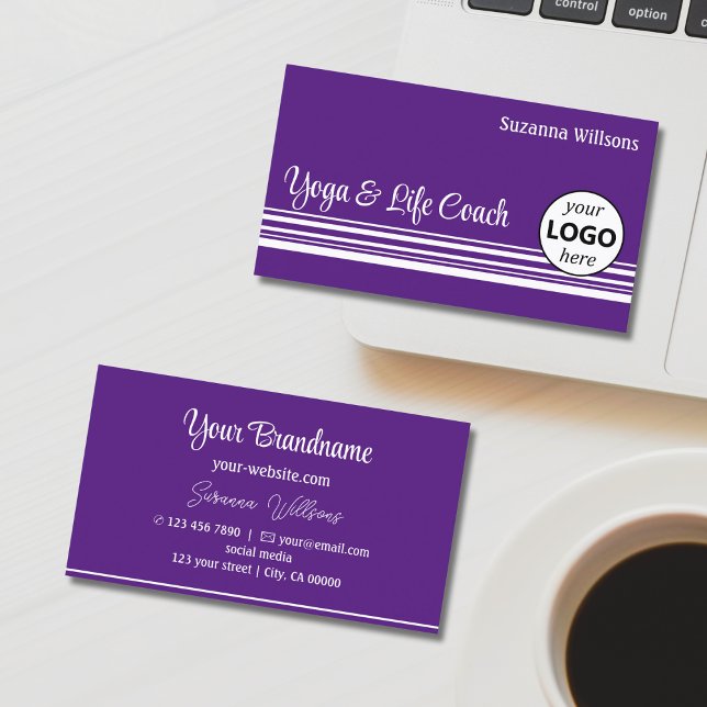Chic Purple White Stripes with Logo Professional Business Card (Creator Uploaded)