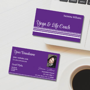 Chic Purple White Stripes with Photo Professional Business Card