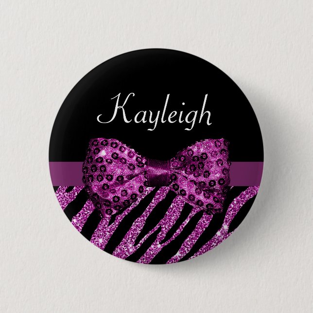 Chic Purple Zebra Print FAUX Glitz Bow With Name 6 Cm Round Badge (Front)