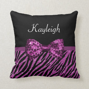 Chic Purple Zebra Print FAUX Glitz Bow With Name Cushion