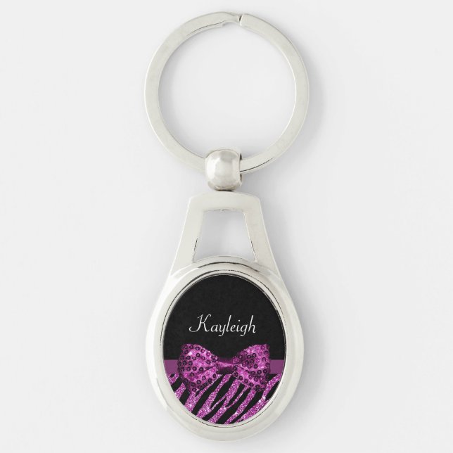 Chic Purple Zebra Print FAUX Glitz Bow With Name Key Ring (Front)