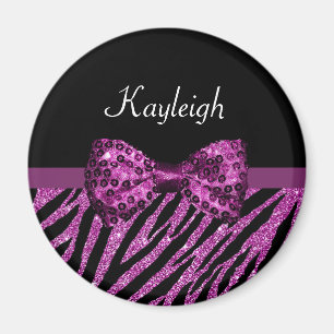 Chic Purple Zebra Print FAUX Glitz Bow With Name Magnet