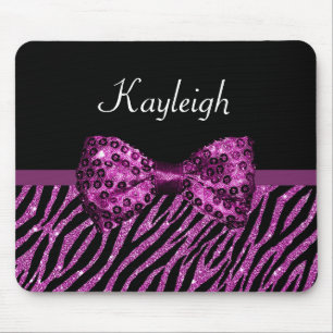 Chic Purple Zebra Print FAUX Glitz Bow With Name Mouse Mat