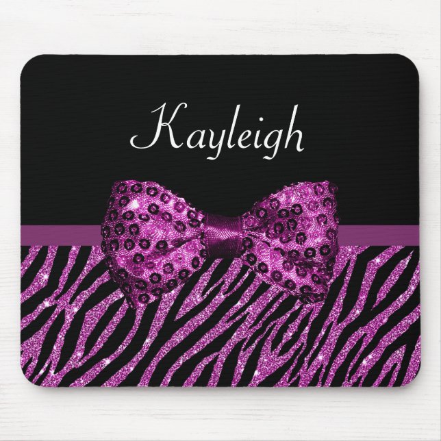Chic Purple Zebra Print FAUX Glitz Bow With Name Mouse Mat (Front)