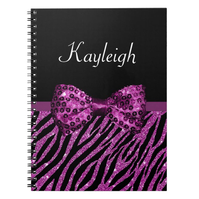 Chic Purple Zebra Print FAUX Glitz Bow With Name Notebook (Front)