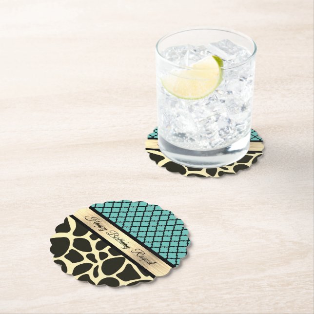 Chic Quatrefoil Giraffe Print Birthday Personalise Paper Coaster (Insitu)