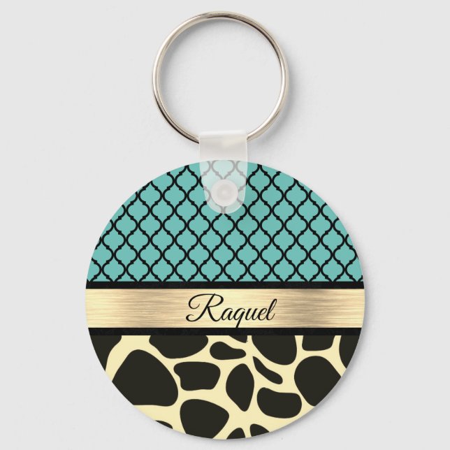 Chic Quatrefoil Giraffe Print  Key Ring (Front)