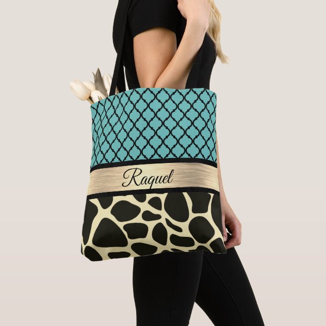 Chic Quatrefoil Giraffe Print Personalised Tote Bag (Close Up)
