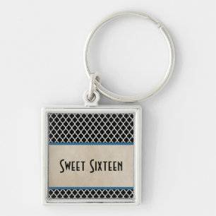 Chic Quatrefoil Sweet 16 Keychain, Blue Key Ring