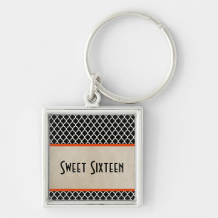 Chic Quatrefoil Sweet 16 Keychain, Orange Key Ring