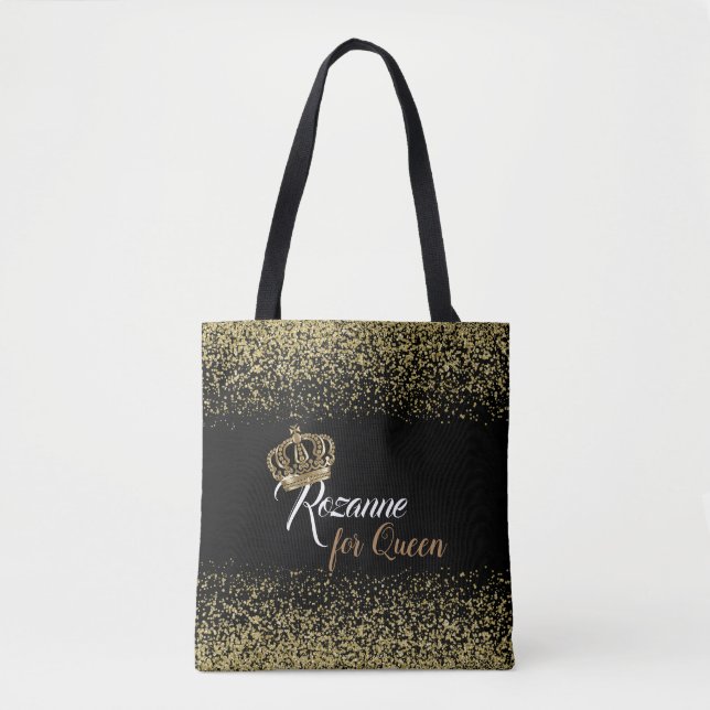 Chic Queen Name Crown Gold Glitter Tote Bag (Front)