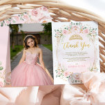 Chic Quinceañera 15th Birthday Thank You Card<br><div class="desc">Featuring an elegant composition of blush overlay adorned with a pretty tiara,  pastel pink floral wreaths and greenery. Click the "customise further" button if you wish to re-arrange and format the style and placement of the text. Comes with a matching pink & gold stripes backside.</div>