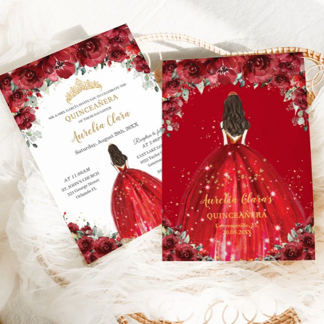 Chic Quinceañera 15th Red Floral Roses Princess  Invitation (Creator Uploaded)