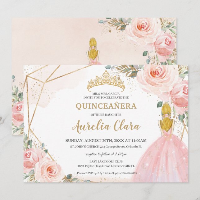 Chic Quinceañera Blush Pink Floral Blonde 15 Anos Invitation (Front/Back)