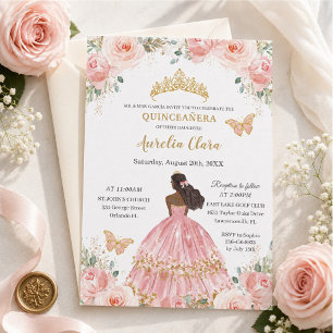 Chic Quinceañera Blush Pink Floral Brown Princess Invitation