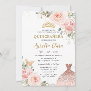 Chic Quinceañera Blush Pink Floral Dress Birthday  Invitation