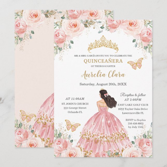 Chic Quinceañera Blush Pink Floral Gold Princess Invitation (Front/Back)