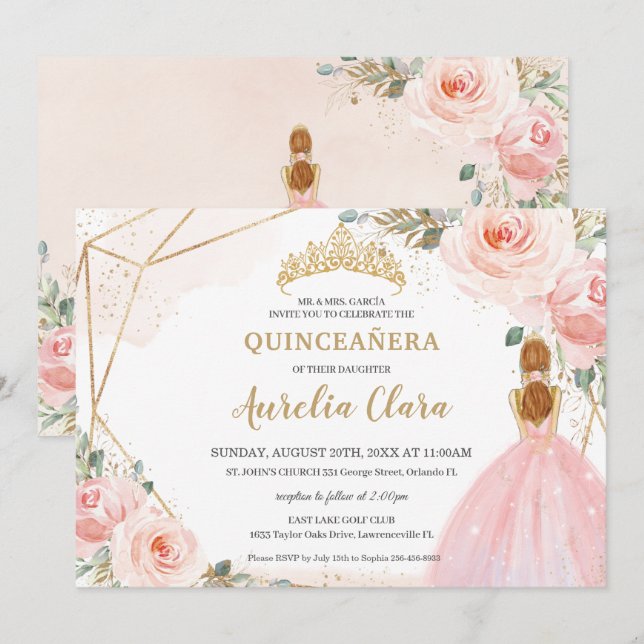 Chic Quinceañera Blush Pink Floral Tiara Birthday Invitation (Front/Back)