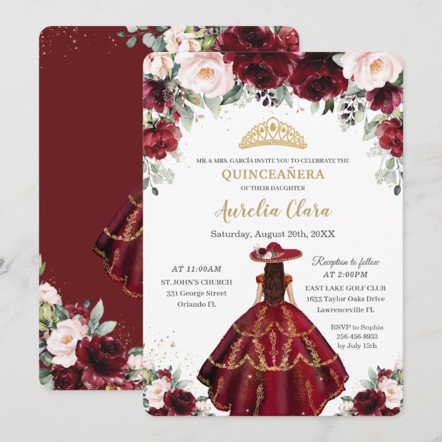 Chic Quinceañera Burgundy Blush Floral Charro Gold Invitation (Front/Back)