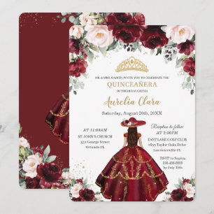 Chic Quinceañera Burgundy Blush Floral Charro Gold Invitation