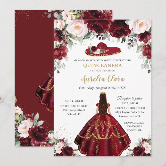 Chic Quinceañera Burgundy Blush Floral Charro Hat Invitation (Front/Back)