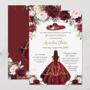 Chic Quinceañera Burgundy Blush Floral Charro Hat Invitation