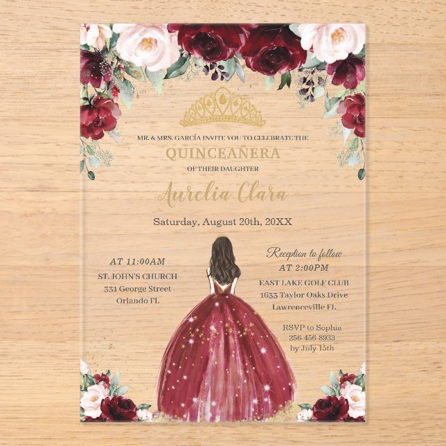 Chic Quinceanera Burgundy Blush Floral Princess Acrylic Invitations (Front)