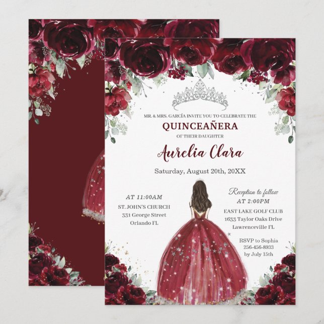 Chic Quinceañera Burgundy Floral Princess Silver Invitation (Front/Back)