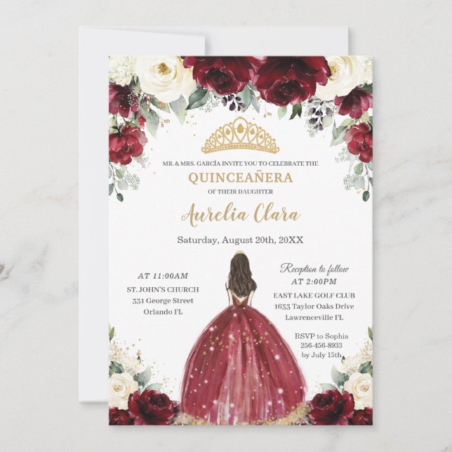 Chic Quinceañera Burgundy Ivory Floral Princess Invitation (Front)