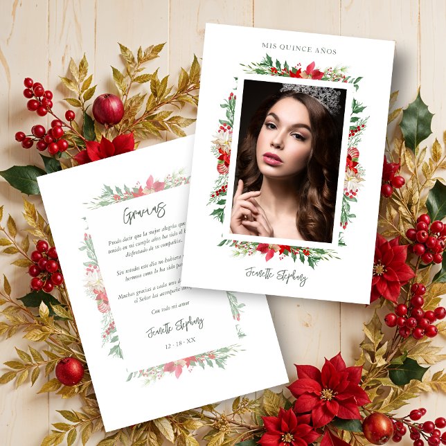 Chic Quinceañera Christmas Poinsettias Frame Photo Thank You Card (Spanish Classic Fancy Quinceañera Christmas Poinsettias Frame Photo Couple Thank You Cards.)