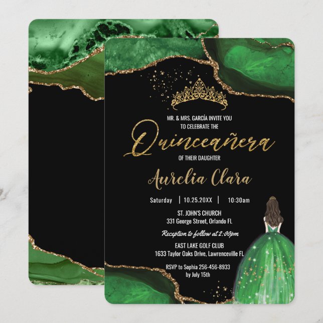 Chic Quinceañera Emerald Green Agate Princess Invitation (Front/Back)