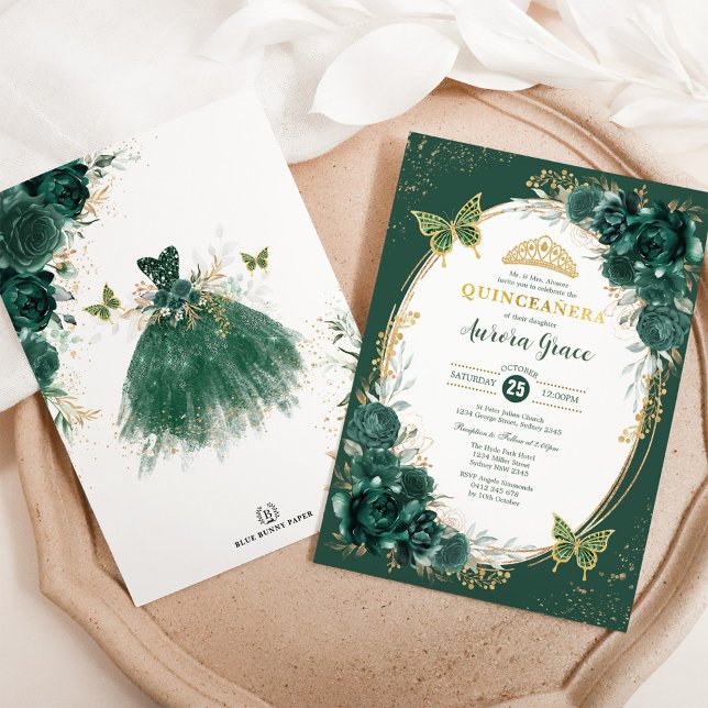 Chic Quinceañera Emerald Green Floral Butterfly Invitation (Creator Uploaded)