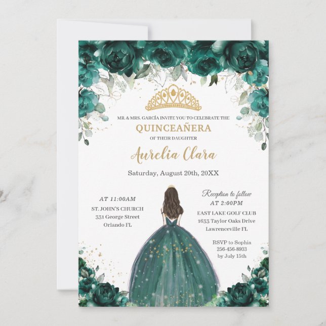 Chic Quinceañera Emerald Green Floral Princess  Invitation (Front)